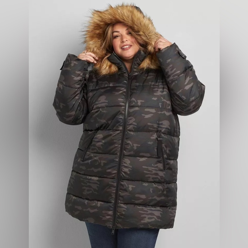 Lane Bryant Camo Puffer Coat with Detachable Faux Fur Hood
